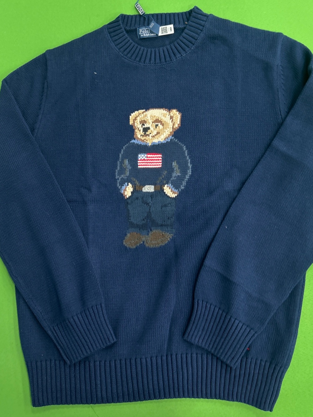 Ralph Lauren Navy Cotton Crewneck Sweater with Polo Bear